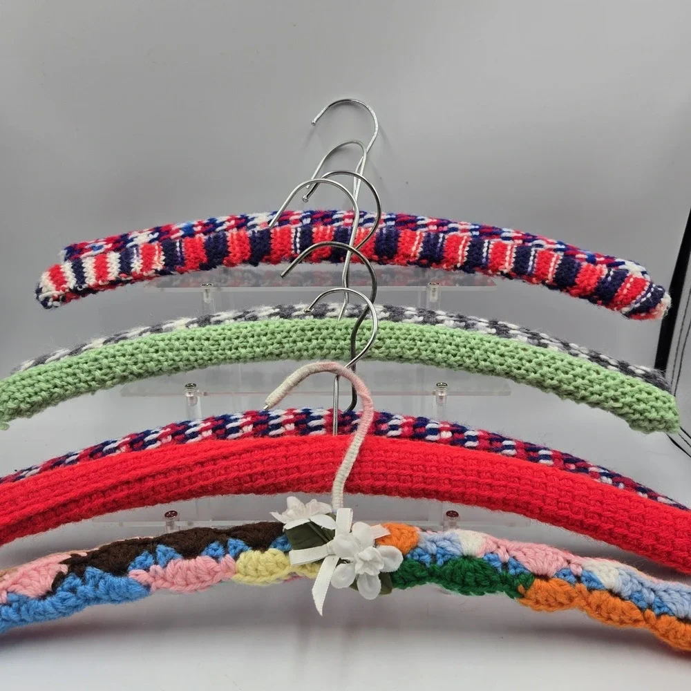 Crochet Knitted Hangers Grannycore Chic Lot of 7 VTG Handmade Wooden Fancy Color